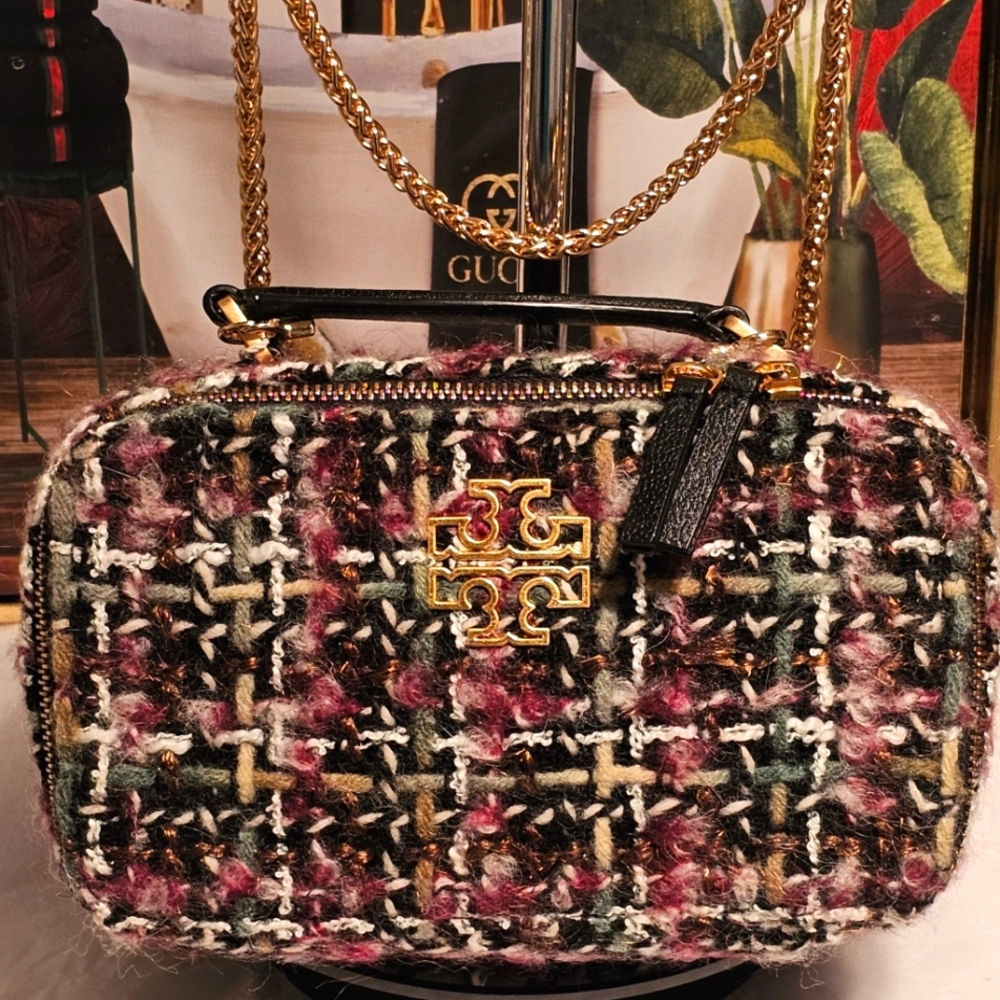 Tory Burch  Britten Tweed MultiColor Mini Top Handle Bag with Chain Strap Nwot